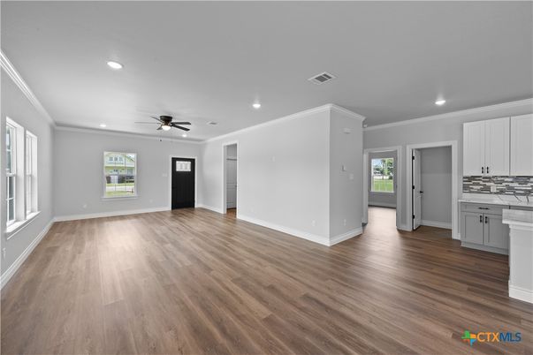 Empty room, Interior, Kitchen, Recessed Lighting, Wood Texture Flooring