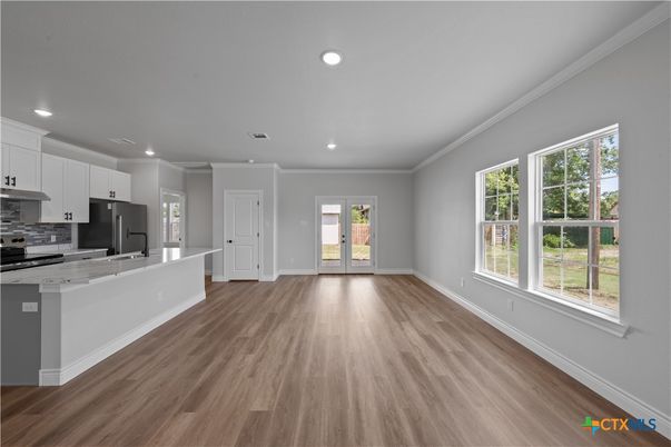 Empty room, Interior, Kitchen, Recessed Lighting, Wood Texture Flooring