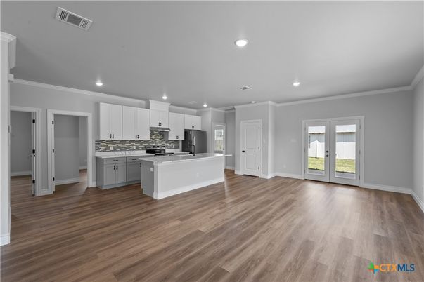 Empty room, Interior, Kitchen, Recessed Lighting, Wood Texture Flooring