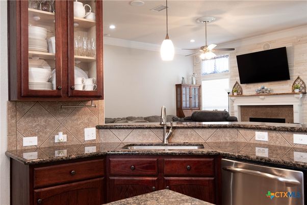 Fireplace, Interior, Kitchen, Pendant Lights, Recessed Lighting, Stainless Steel Appliances