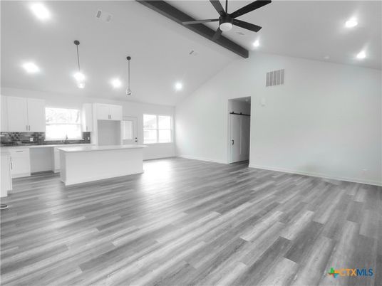 Empty room, Interior, Kitchen, Pendant Lights, Recessed Lighting, Wood Texture Flooring