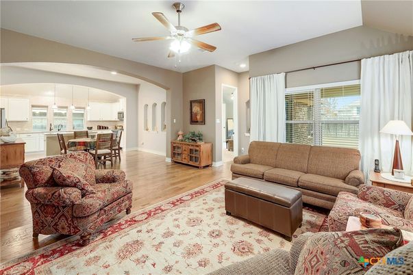 Dining room, Interior, Kitchen, Living room, Recessed Lighting, Wood Texture Flooring