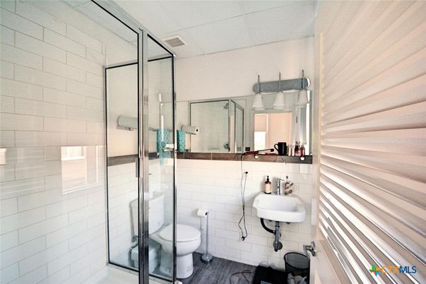 Bathroom, Glass Shower, Interior, Wood Texture Flooring