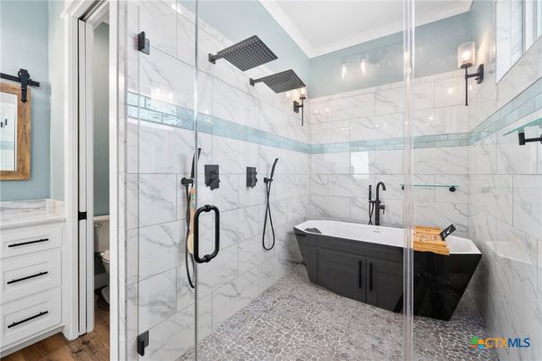 Bathroom, Free Standing Baths, Glass Shower, Interior, Marble, Marble Walls