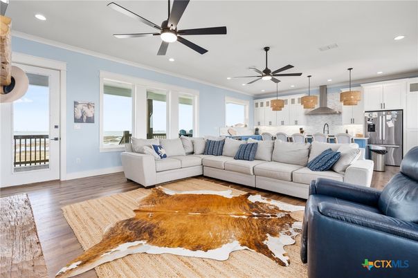 Interior, Kitchen, Living room, Pendant Lights, Recessed Lighting, Stainless Steel Appliances, Wood Texture Flooring