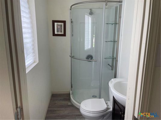Bathroom, Glass Shower, Interior, Wood Texture Flooring