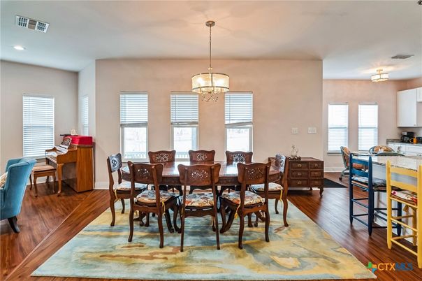 Chandelier, Dining room, Interior, Pendant Lights, Recessed Lighting, Wood Texture Flooring