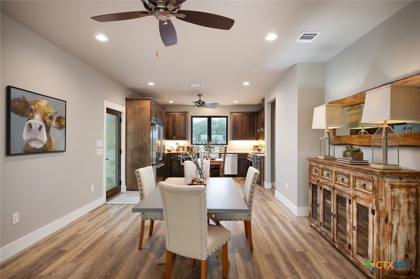 Dining room, Interior, Kitchen, Recessed Lighting, Wood Texture Flooring