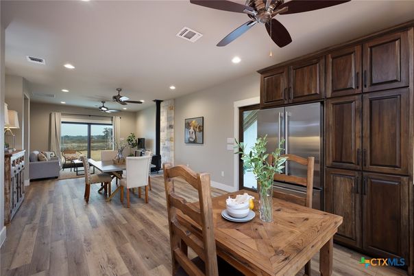 Dining room, Interior, Living room, Recessed Lighting, Wood Texture Flooring