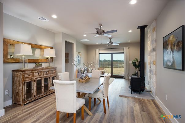 Dining room, Interior, Recessed Lighting, Wood Texture Flooring