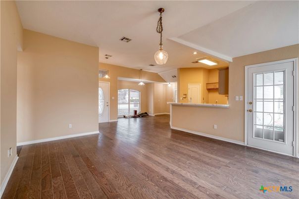 Empty room, Interior, Kitchen, Pendant Lights, Recessed Lighting, Wood Texture Flooring
