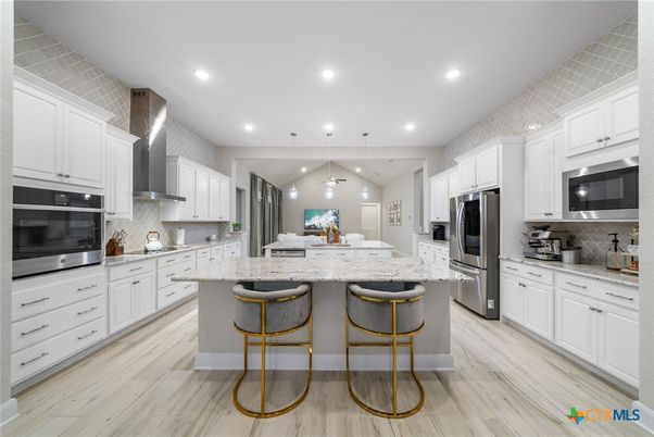 Interior, Kitchen, Pendant Lights, Recessed Lighting, Stainless Steel Appliances, Wood Texture Flooring