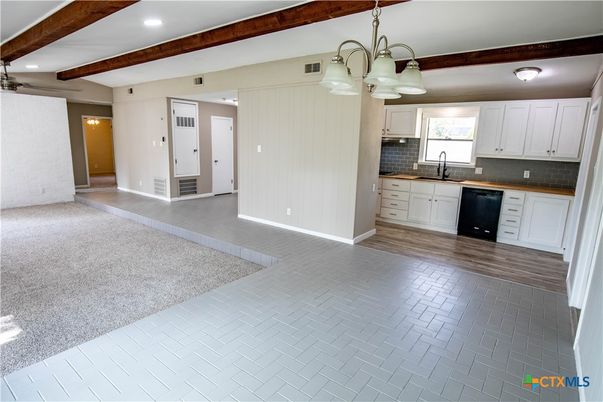 Chandelier, Interior, Kitchen, Recessed Lighting, Wooden Beams