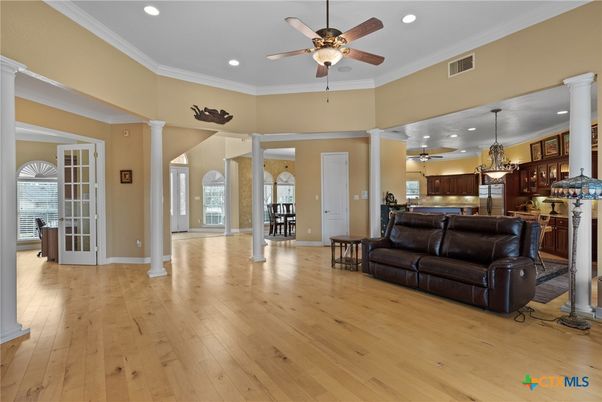 Chandelier, Interior, Kitchen, Pendant Lights, Recessed Lighting, Wood Texture Flooring