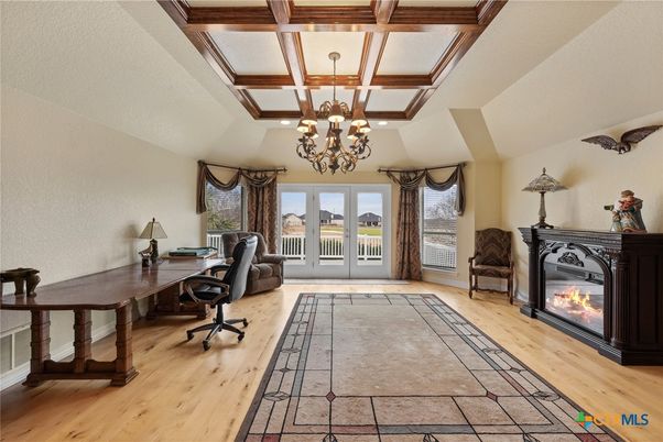 Chandelier, Fireplace, Home Office, Interior, Wooden Beams, Wood Texture Flooring