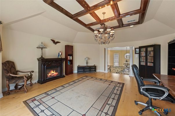 Chandelier, Fireplace, Home Office, Interior, Wooden Beams, Wood Texture Flooring