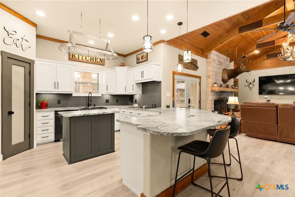 Fireplace, Interior, Kitchen, Pendant Lights, Recessed Lighting, Wooden Beams, Wooden Ceilings, Wood Texture Flooring