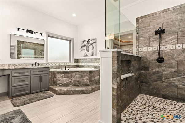 Bathroom, Interior, Recessed Lighting, Wood Texture Flooring