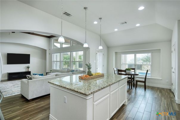 Dining room, Interior, Living room, Pendant Lights, Recessed Lighting, Wood Texture Flooring