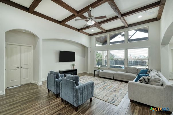 Interior, Living room, Recessed Lighting, Wooden Beams, Wood Texture Flooring