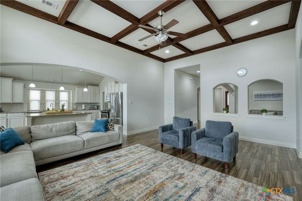 Interior, Kitchen, Living room, Pendant Lights, Recessed Lighting, Stainless Steel Appliances, Wooden Beams, Wood Texture Flooring