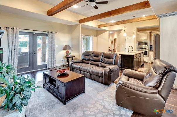 Interior, Kitchen, Living room, Pendant Lights, Recessed Lighting, Stainless Steel Appliances, Wooden Beams, Wood Texture Flooring
