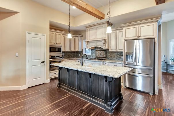 Interior, Kitchen, Pendant Lights, Recessed Lighting, Stainless Steel Appliances, Wooden Beams, Wood Texture Flooring