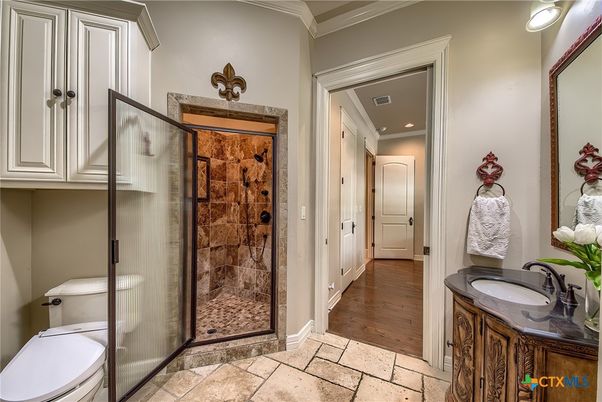 Bathroom, Glass Shower, Interior, Recessed Lighting, Wood Texture Flooring