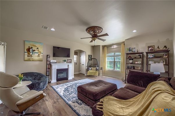 Fireplace, Interior, Living room, Recessed Lighting, Wood Texture Flooring