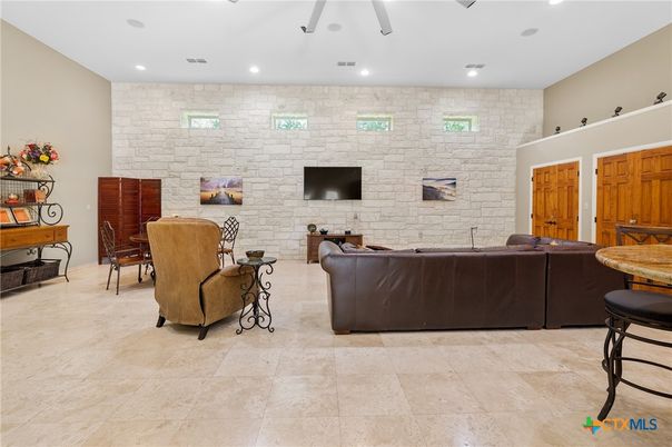 Dining room, Interior, Living room, Recessed Lighting, Stone Walls