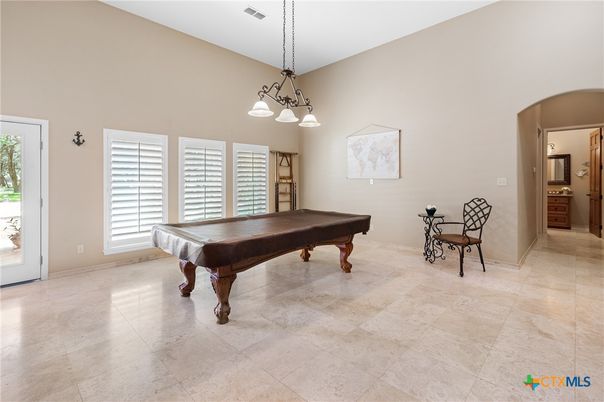 Billiard Table, Chandelier, Game Room, Interior, Pendant Lights