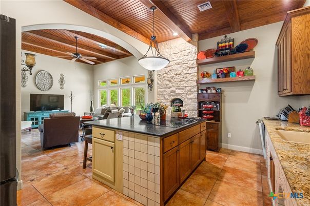 Interior, Kitchen, Living room, Pendant Lights, Recessed Lighting, Stone Walls, Wooden Beams, Wooden Ceilings