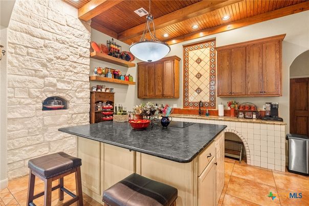 Interior, Kitchen, Pendant Lights, Recessed Lighting, Stone Walls, Wooden Beams, Wooden Ceilings