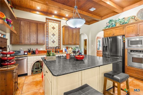 Interior, Kitchen, Pendant Lights, Recessed Lighting, Stainless Steel Appliances, Wooden Beams, Wooden Ceilings
