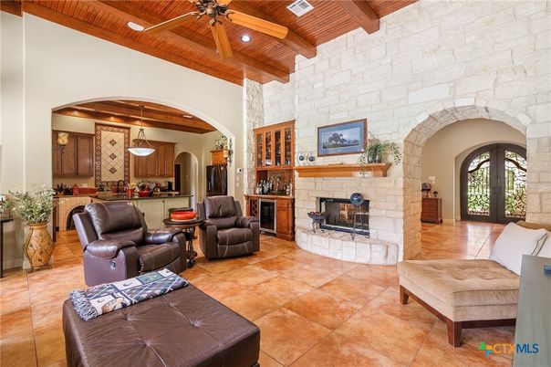 Fireplace, Interior, Kitchen, Living room, Pendant Lights, Recessed Lighting, Stone Walls, Wooden Beams, Wooden Ceilings