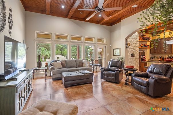 Interior, Living room, Recessed Lighting, Stone Walls, Wooden Beams, Wooden Ceilings