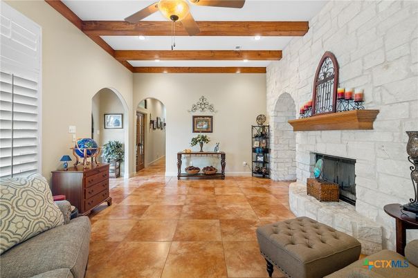 Fireplace, Interior, Recessed Lighting, Stone Walls, Wooden Beams