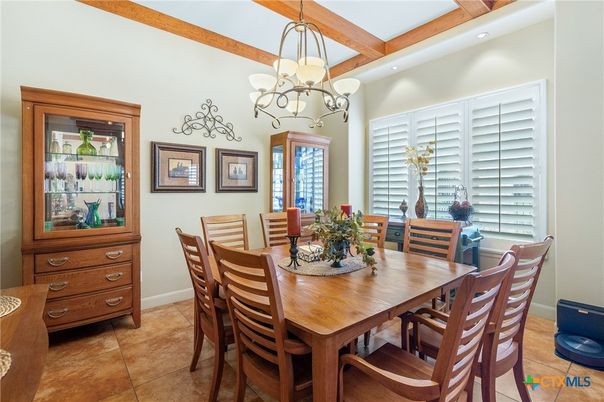Chandelier, Dining room, Interior, Recessed Lighting, Wooden Beams