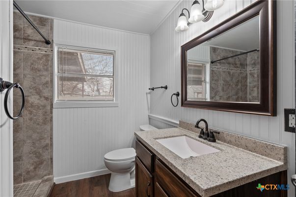 Bathroom, Glass Shower, Interior, Wood Texture Flooring