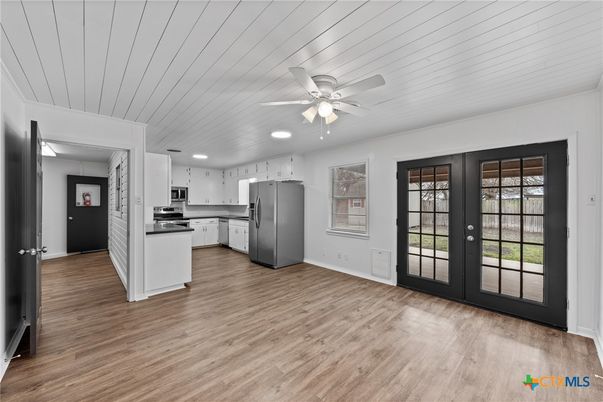 Interior, Kitchen, Recessed Lighting, Stainless Steel Appliances, Wood Texture Flooring