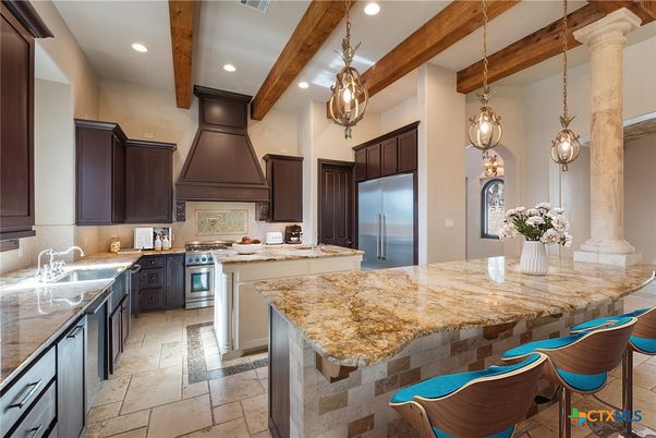 Interior, Kitchen, Pendant Lights, Recessed Lighting, Stainless Steel Appliances, Wooden Beams