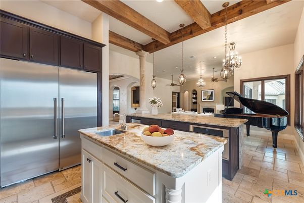 Chandelier, Interior, Kitchen, Pendant Lights, Piano, Recessed Lighting, Stainless Steel Appliances, Wooden Beams