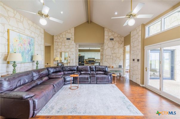 Interior, Kitchen, Living room, Recessed Lighting, Stone Walls, Wooden Beams, Wood Texture Flooring