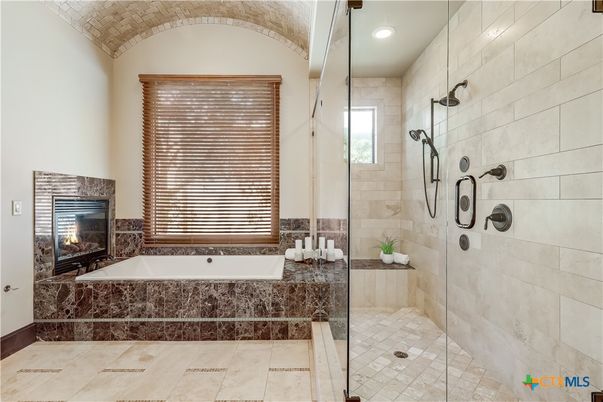 Bathroom, Fireplace, Glass Shower, Interior, Recessed Lighting