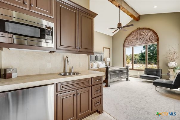 Bedroom, Interior, Kitchen, Recessed Lighting, Stainless Steel Appliances, Wooden Beams