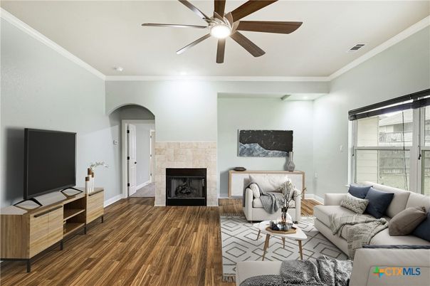 Fireplace, Interior, Living room, Recessed Lighting, Wood Texture Flooring