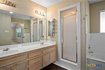 Bathroom, Dual Sink Vanities, Glass Shower, Interior, Wood Texture Flooring