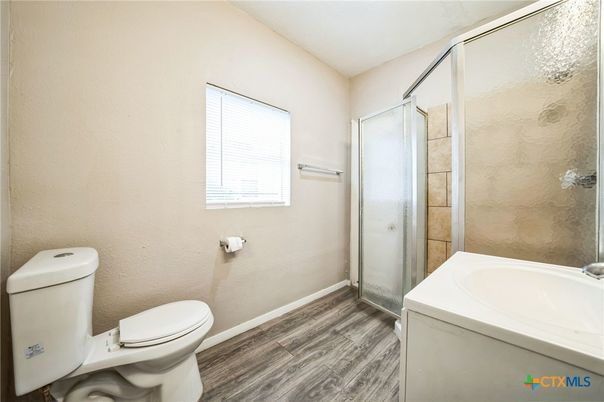 Bathroom, Glass Shower, Interior, Wood Texture Flooring