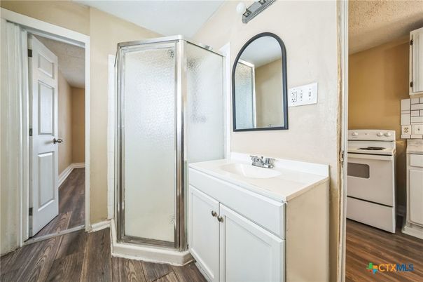 Bathroom, Glass Shower, Interior, Wood Texture Flooring