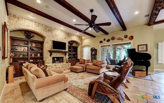 Fireplace, Interior, Living room, Piano, Recessed Lighting, Stone Walls, Wooden Beams